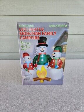 LED Lighted Snowman Family Campfire 5ft Inflatable Winter Holiday Camping